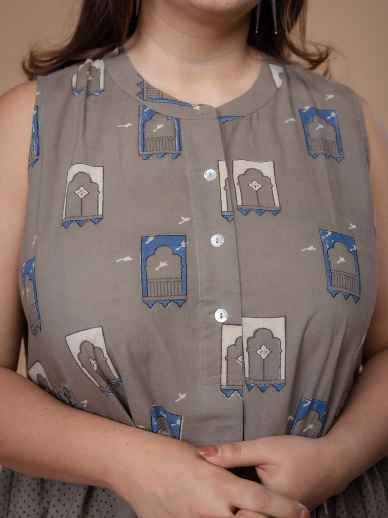 Fariyah Grey Ajrakh Cotton A Line Dress