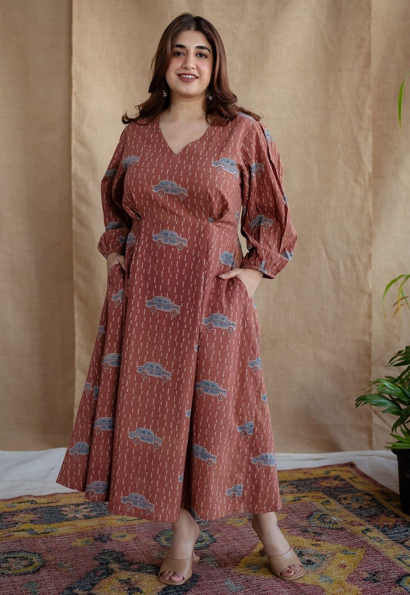 Rahima Brick Red Ajrakh Cotton A Line Dress