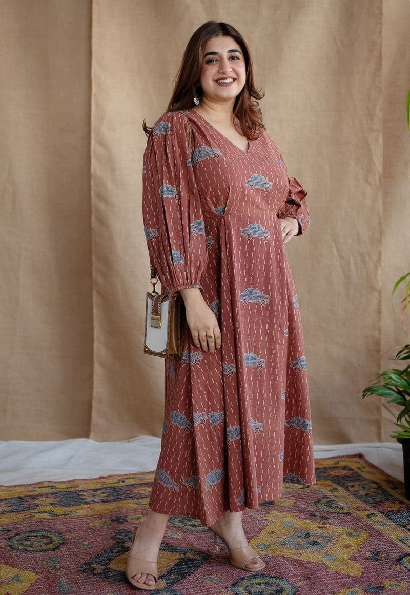 Rahima Brick Red Ajrakh Cotton A Line Dress