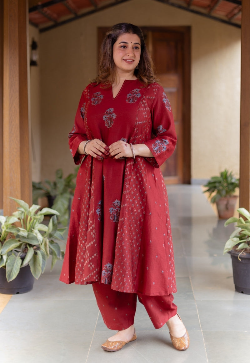 Sonia Madder Ajrakh Chanderi Silk Kali Kurta with Hand Embroidery