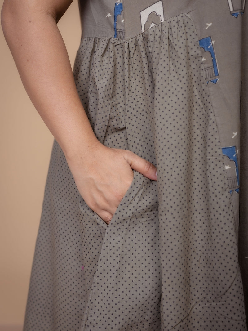 Fariyah Grey Ajrakh Cotton A Line Dress