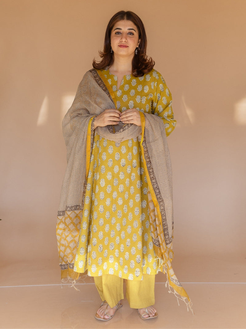 Malika Yellow Bagru Cotton Kali Kurta