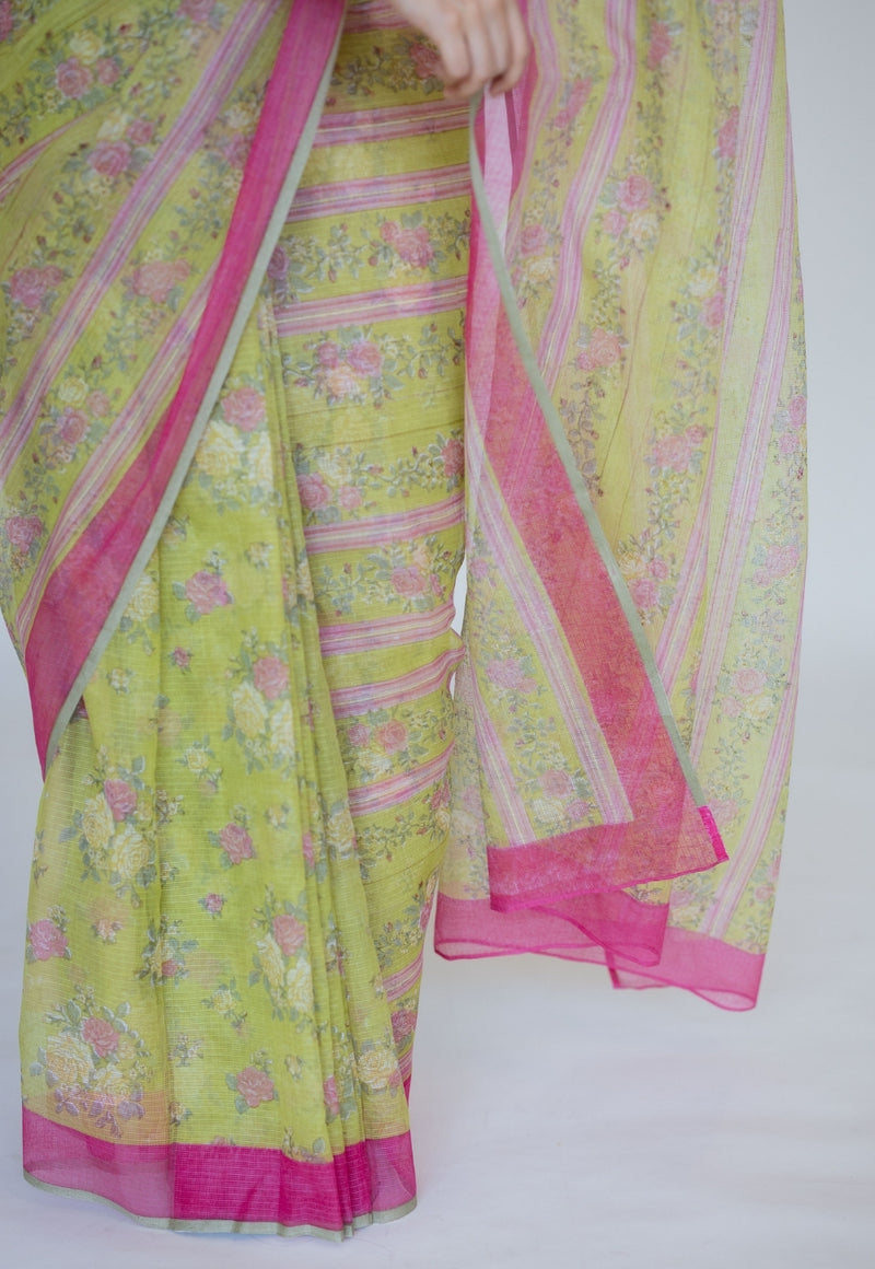 Green Sanganeri Hand Block Print Cotton Kota Doria Saree