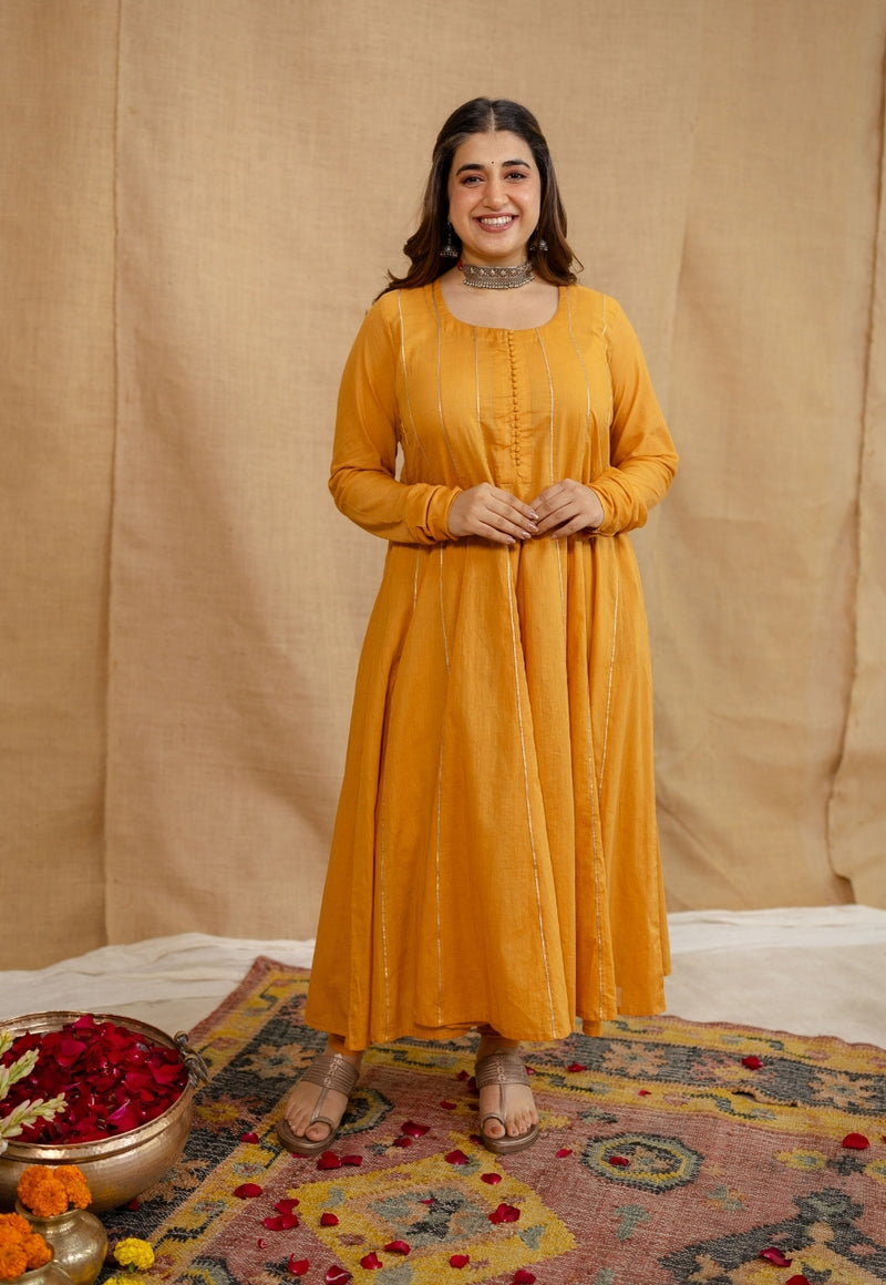 Kaveri Mulmul Cotton Honey Orange Kali Kurta Set (Set of 3)