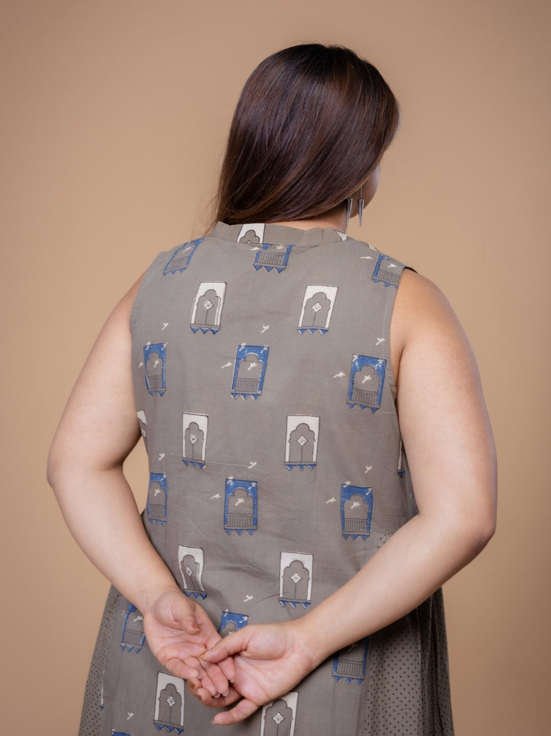 Fariyah Grey Ajrakh Cotton A Line Dress