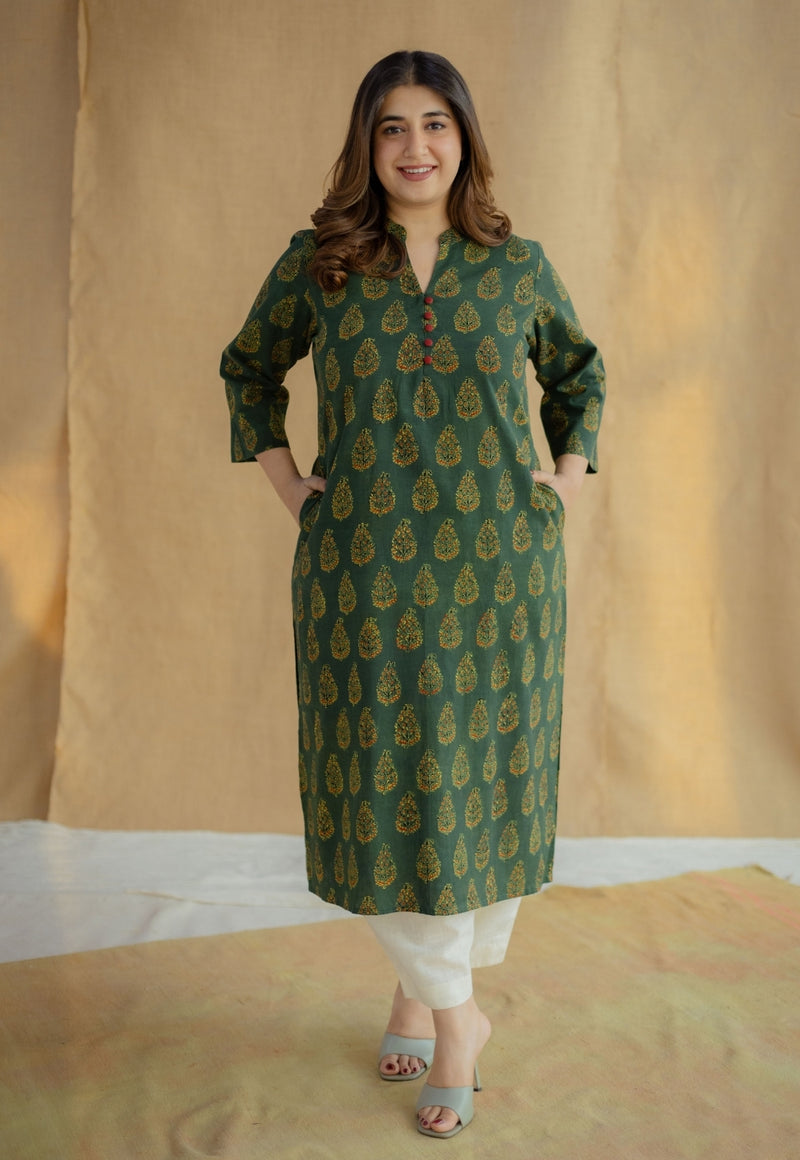 Afira Green Ajrakh Cotton Straight Kurta