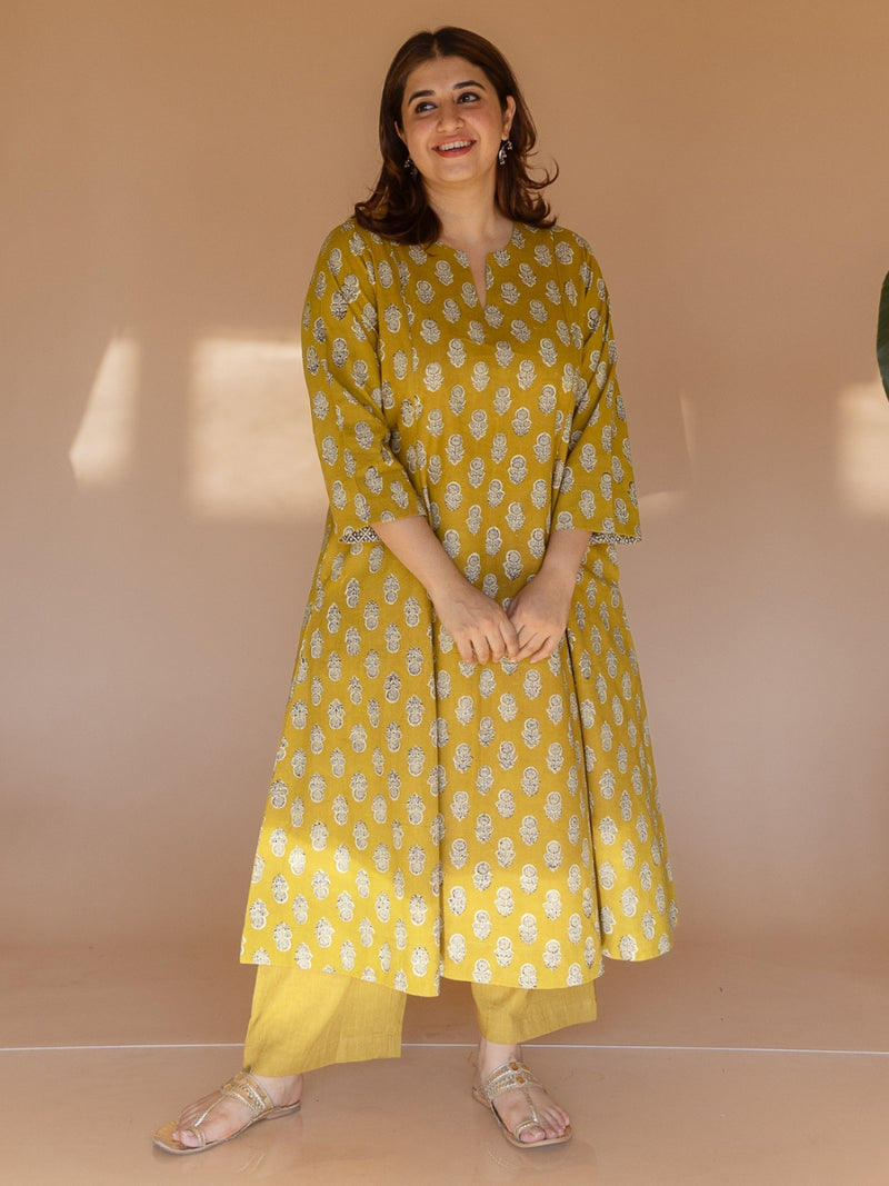 Malika Yellow Bagru Cotton Kali Kurta