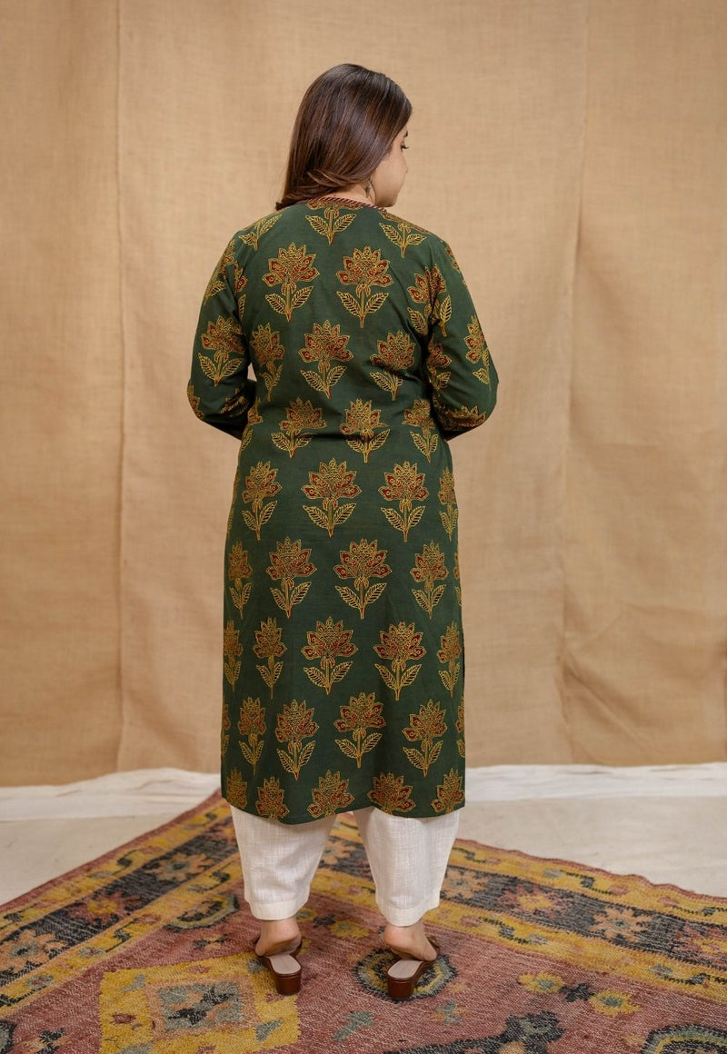 Nargis Green Ajrakh Cotton Straight Kurta