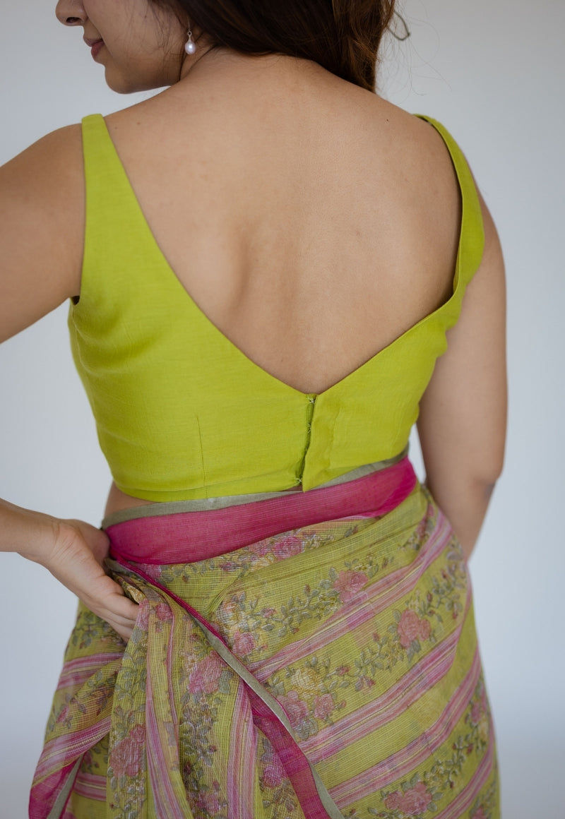 Green Sanganeri Hand Block Print Cotton Kota Doria Saree