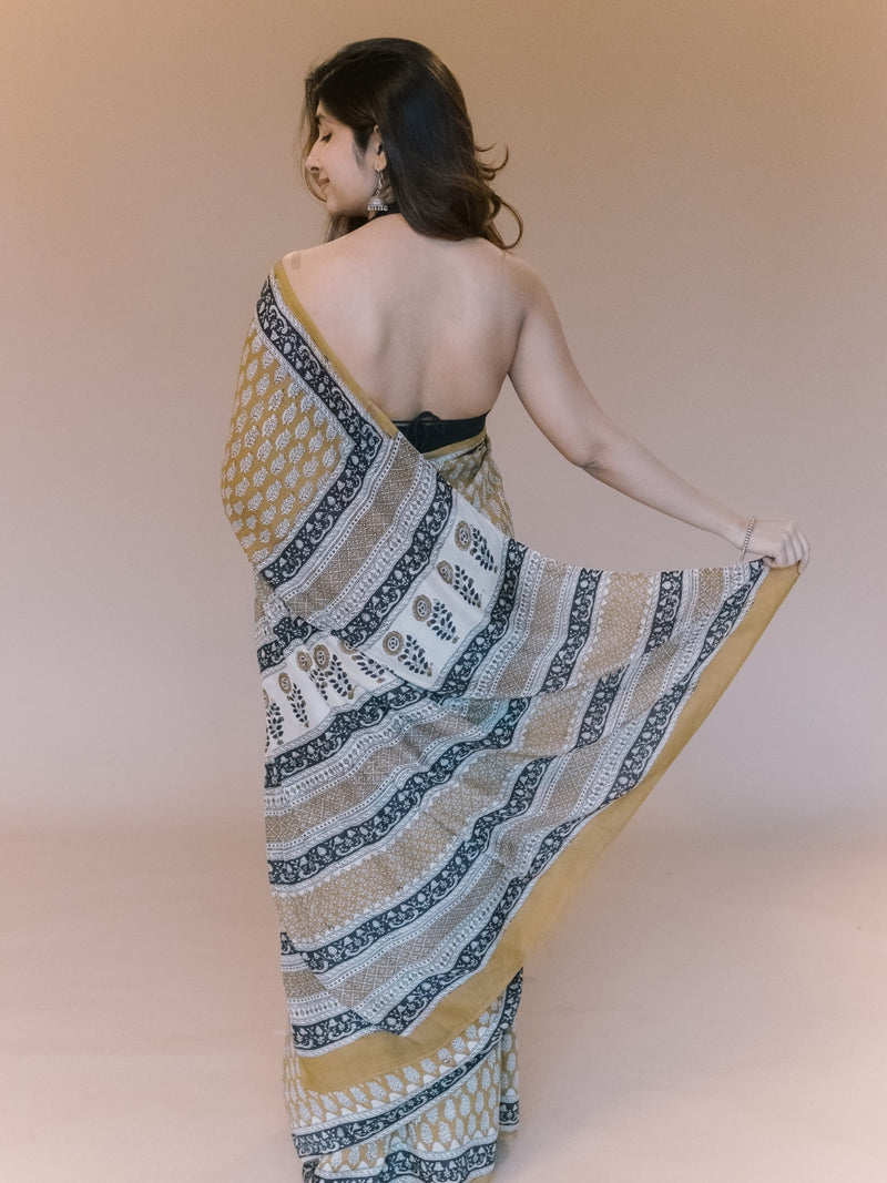 Yellow Butti Bagru Hand Block Print Modal Saree