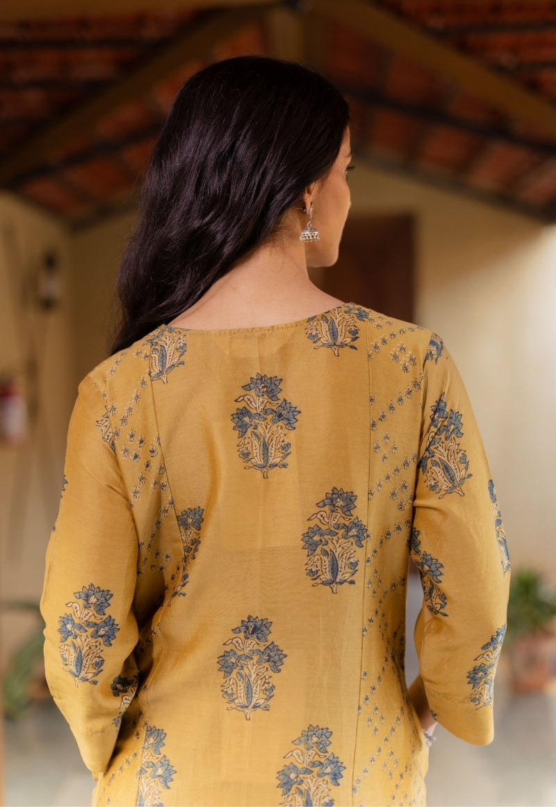 Sonia Mustard Ajrakh Chanderi Silk Kali Kurta with Hand Embroidery