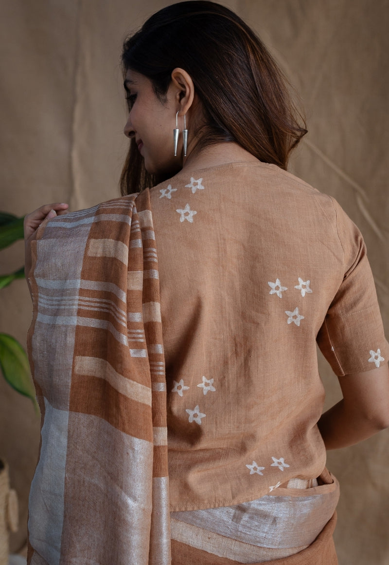 Light Brown Floral Butti Dabu Linen Silver Zari Border Saree