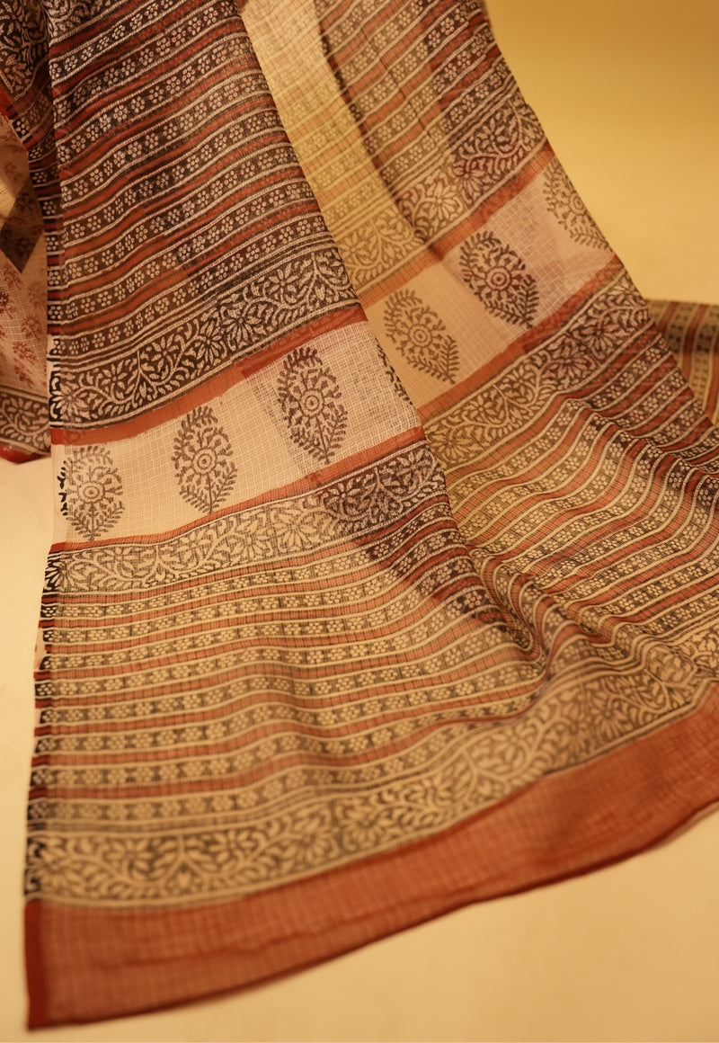 Beige Butti Bagru hand Block Print Kota Doria Saree