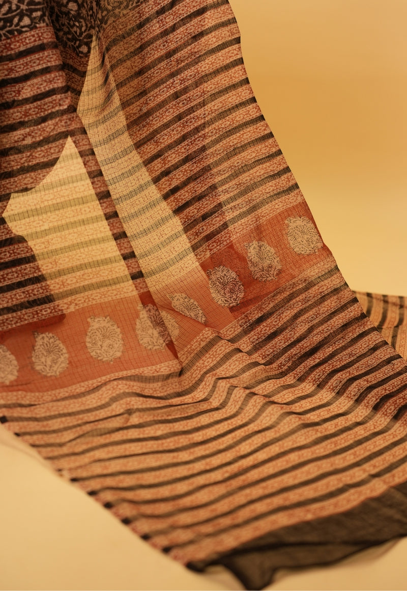 Black Jaal Bagru Kota Doria Handblock Print Cotton Saree