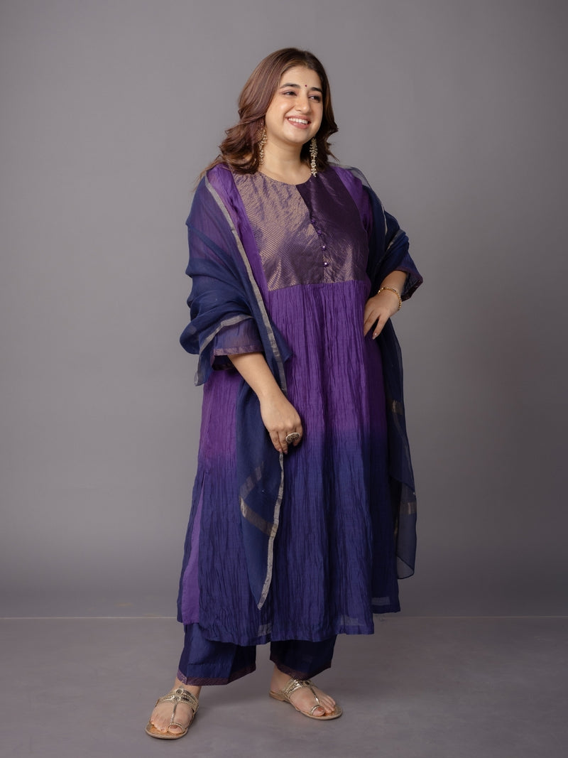 Navy Blue Solid Zari Silk Net Dupatta with Hand Embroidery