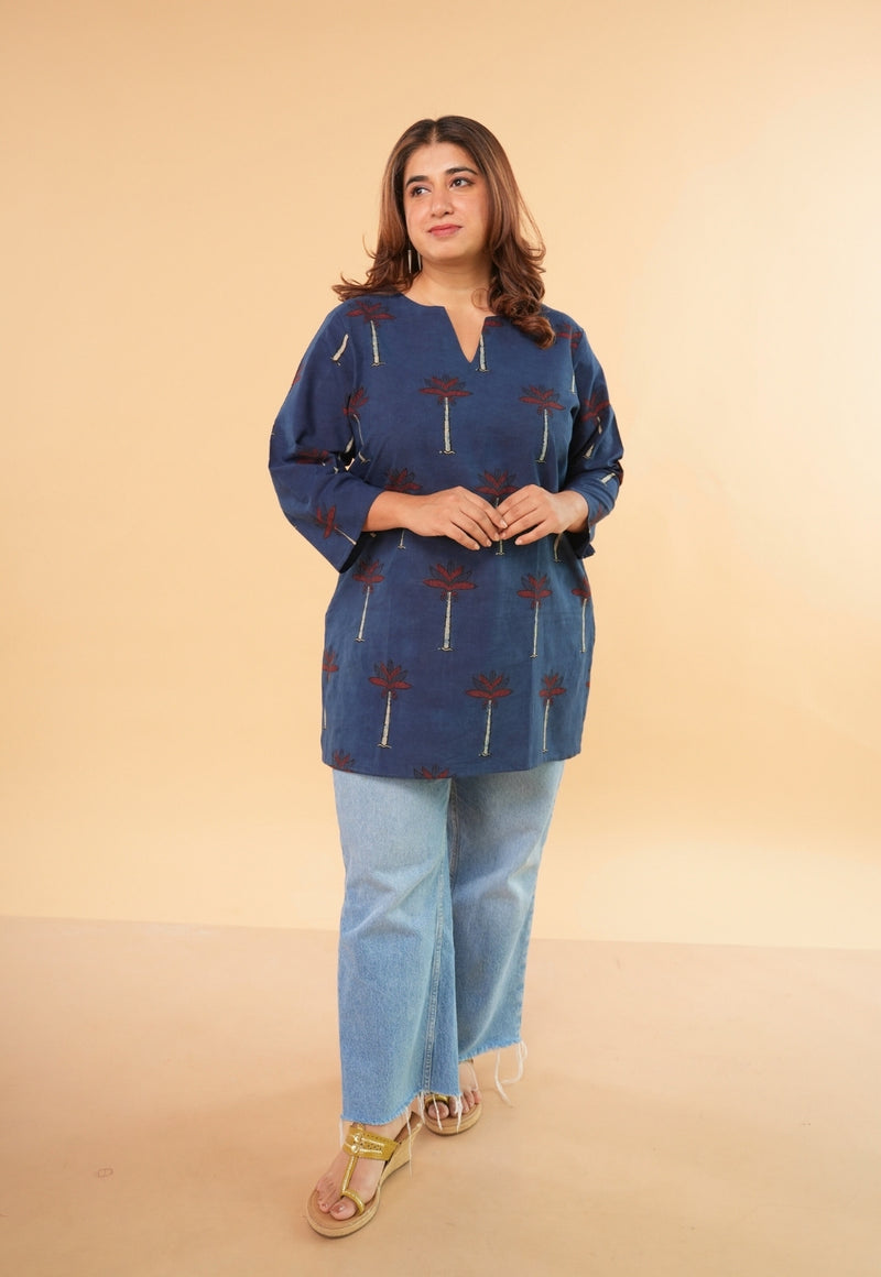 Mishel Blue Ajrakh Cotton Straight Short Top