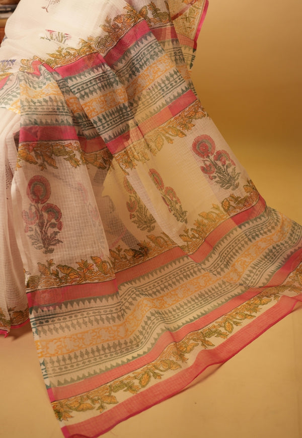 White Butta Sanganeri Hand Block Print Kota Doria Saree