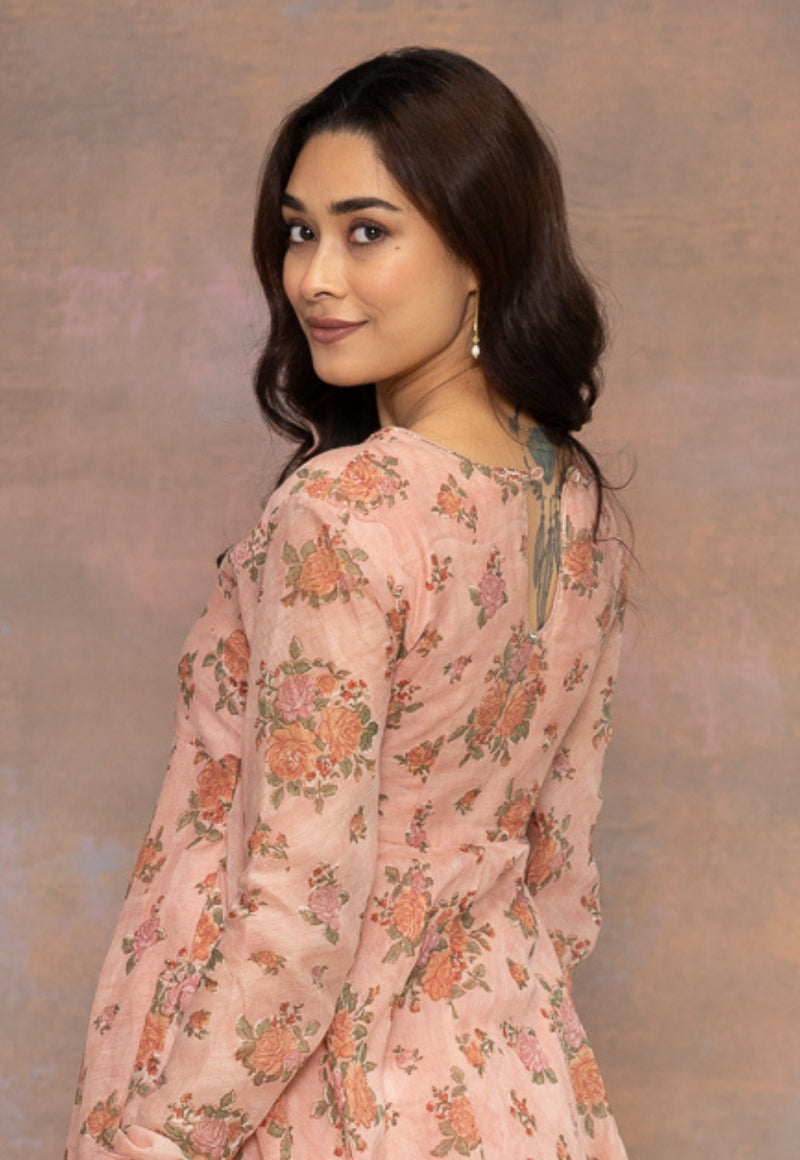 Rozhira Pink Sanganeri Chanderi Silk A Line Kurta with Hand Embroidery
