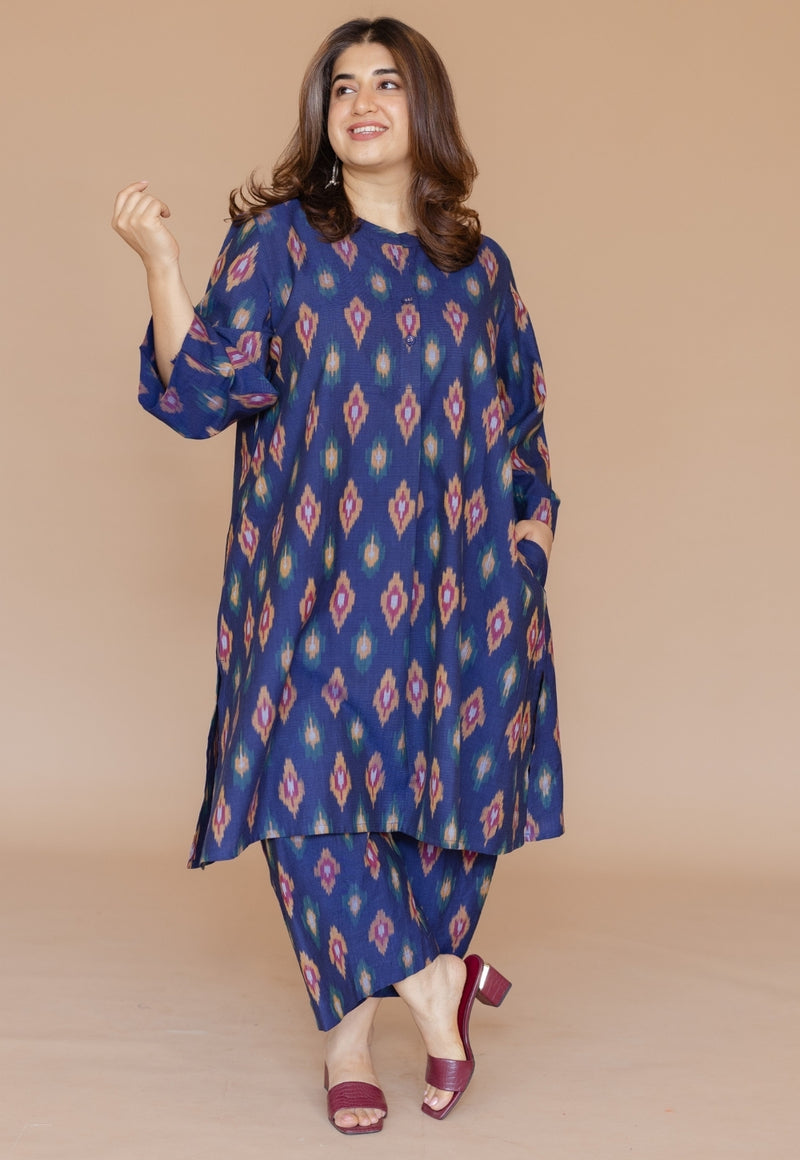 Ayaat Blue Handloom Ikkat Cotton Straight Kurta