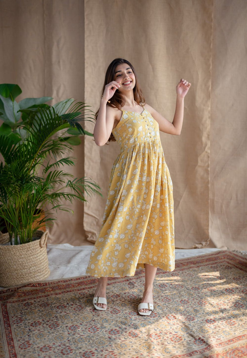 Eliya Yellow A Line Dabu Slub Cotton Dress