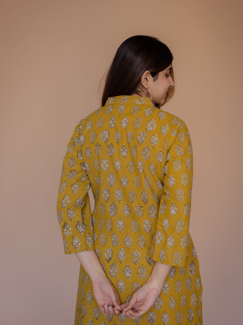 Avika Yellow Bagru Cotton Straight Kurta