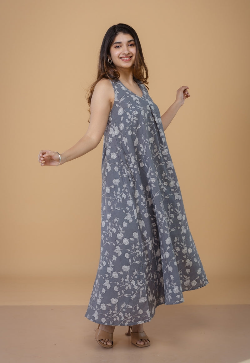 Tashi Grey Dabu Cotton A Line Dress