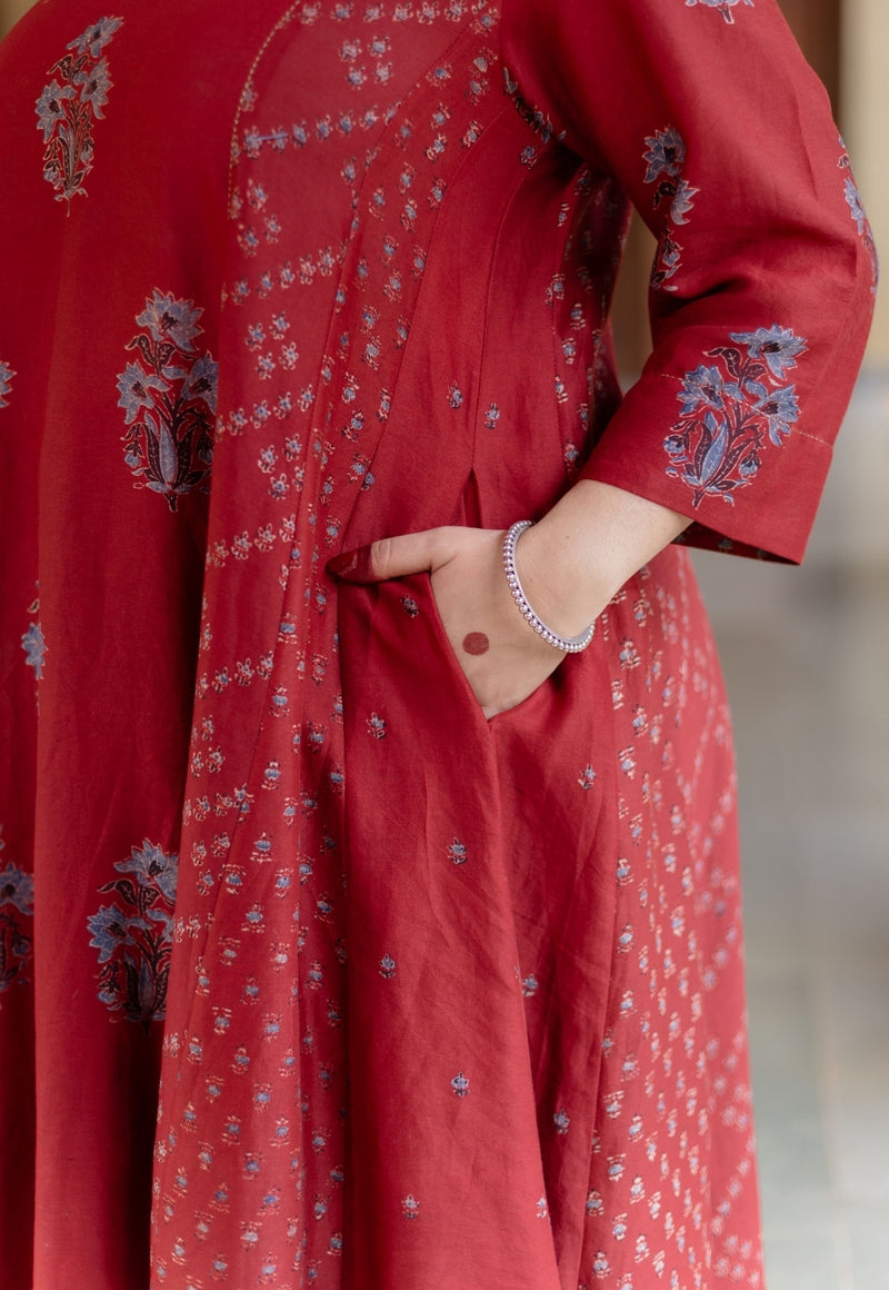 Sonia Madder Ajrakh Chanderi Silk Kali Kurta with Hand Embroidery