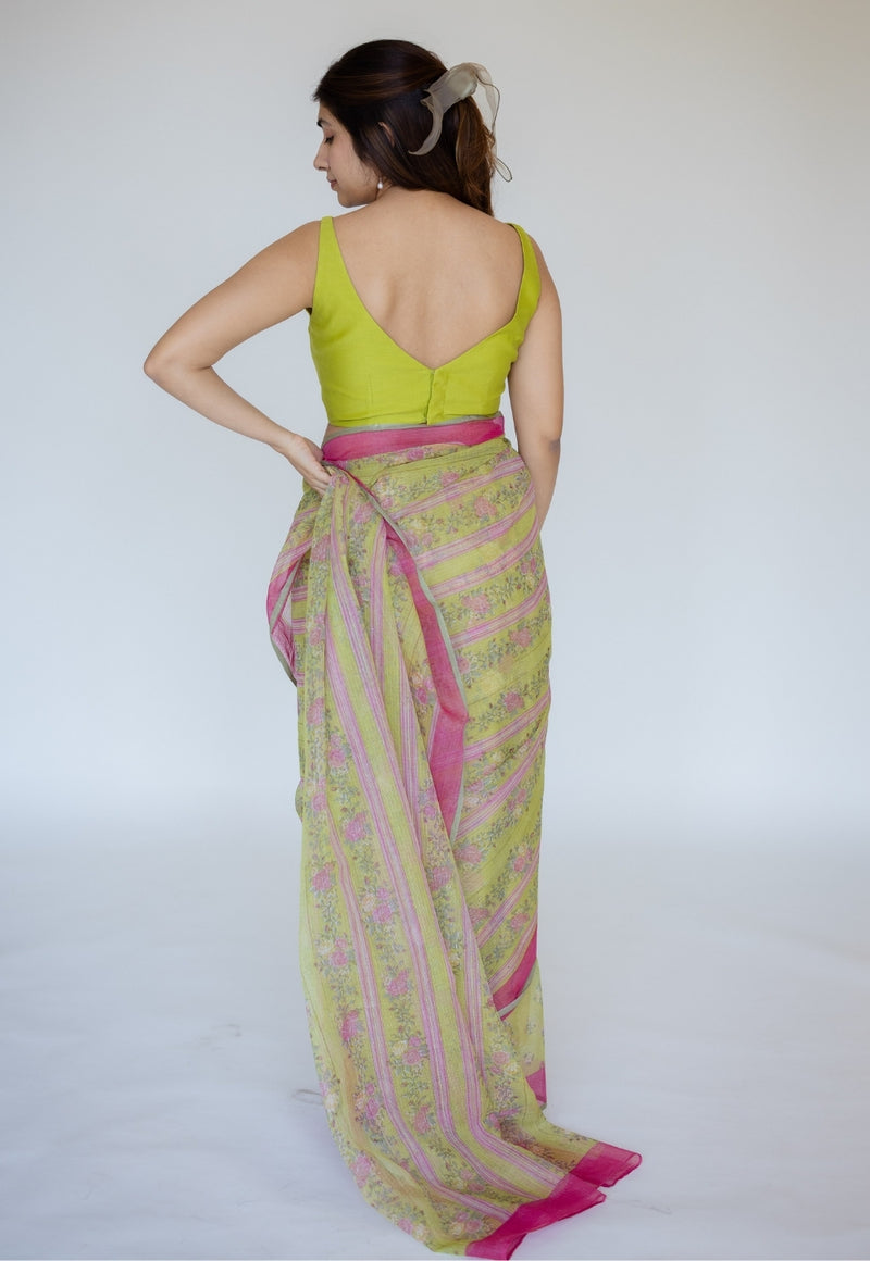 Green Sanganeri Hand Block Print Cotton Kota Doria Saree