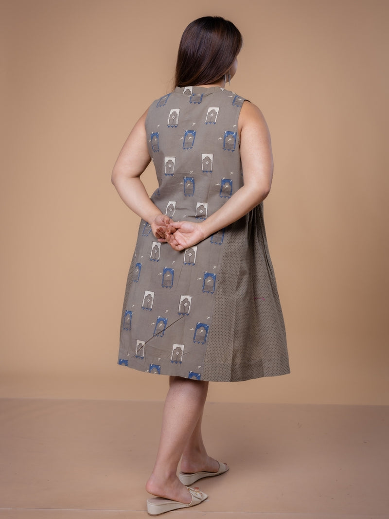 Fariyah Grey Ajrakh Cotton A Line Dress