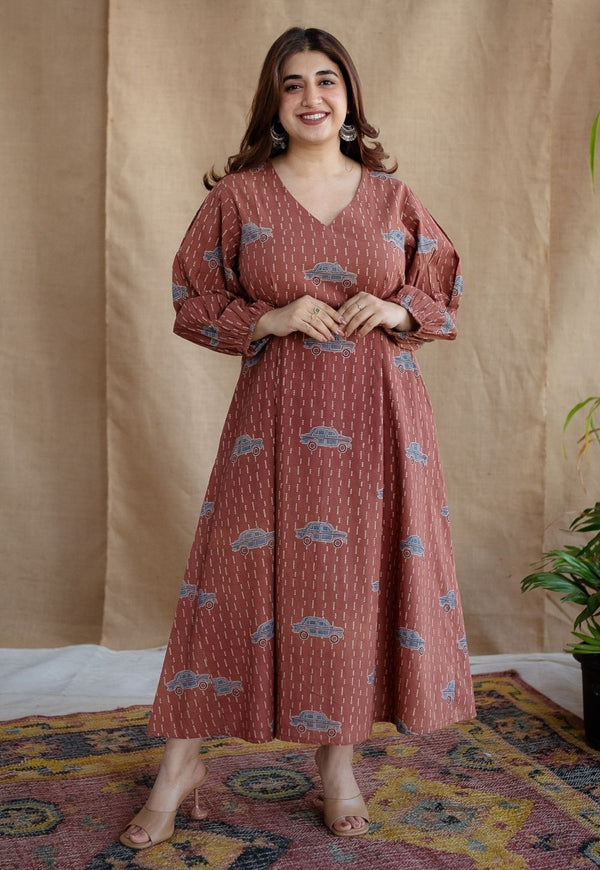 Rahima Brick Red Ajrakh Cotton A Line Dress