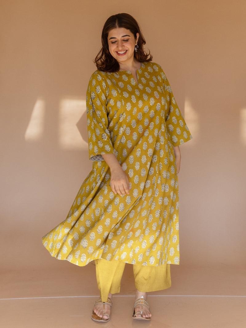 Malika Yellow Bagru Cotton Kali Kurta