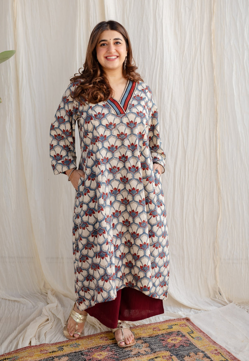 Sarah Off White Ajrakh Cotton A Line Kurta