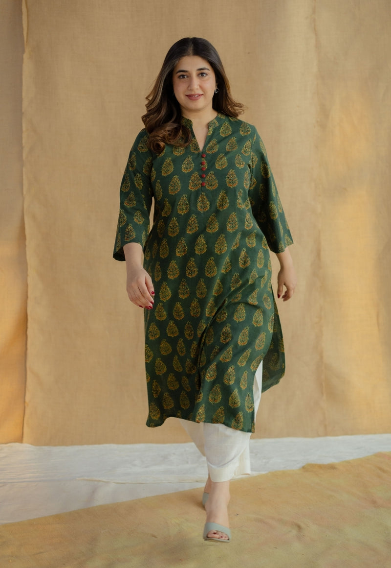 Afira Green Ajrakh Cotton Straight Kurta