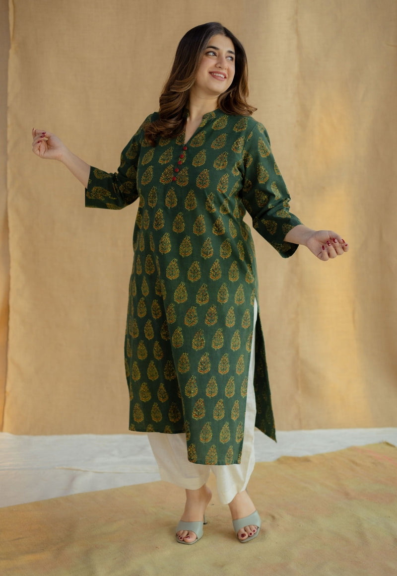 Afira Green Ajrakh Cotton Straight Kurta