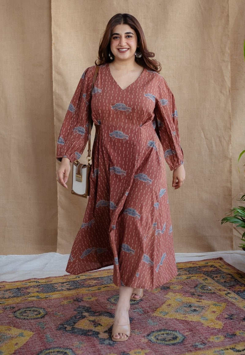 Rahima Brick Red Ajrakh Cotton A Line Dress