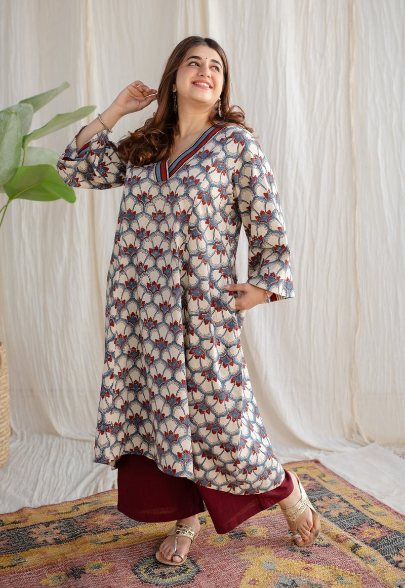 Sarah Off White Ajrakh Cotton A Line Kurta