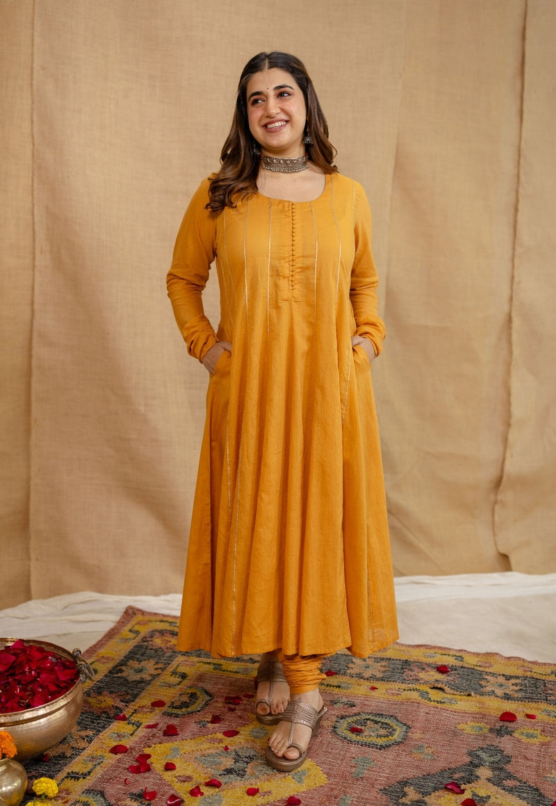 Kaveri Mulmul Cotton Honey Orange Kali Kurta Set (Set of 3)