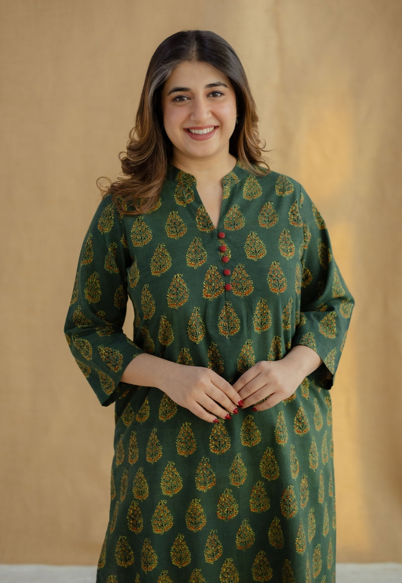 Afira Green Ajrakh Cotton Straight Kurta