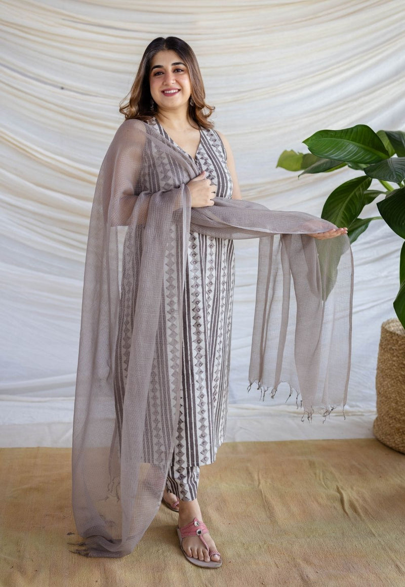 Hanifa Grey Batik Cotton Straight Kurta