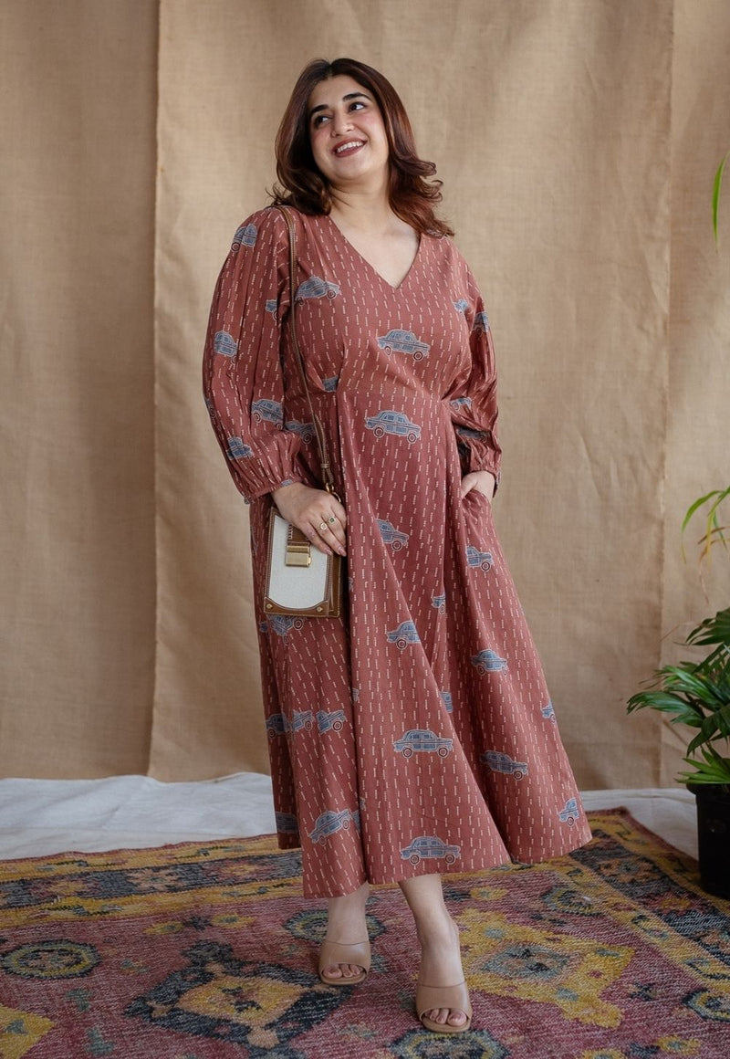 Rahima Brick Red Ajrakh Cotton A Line Dress