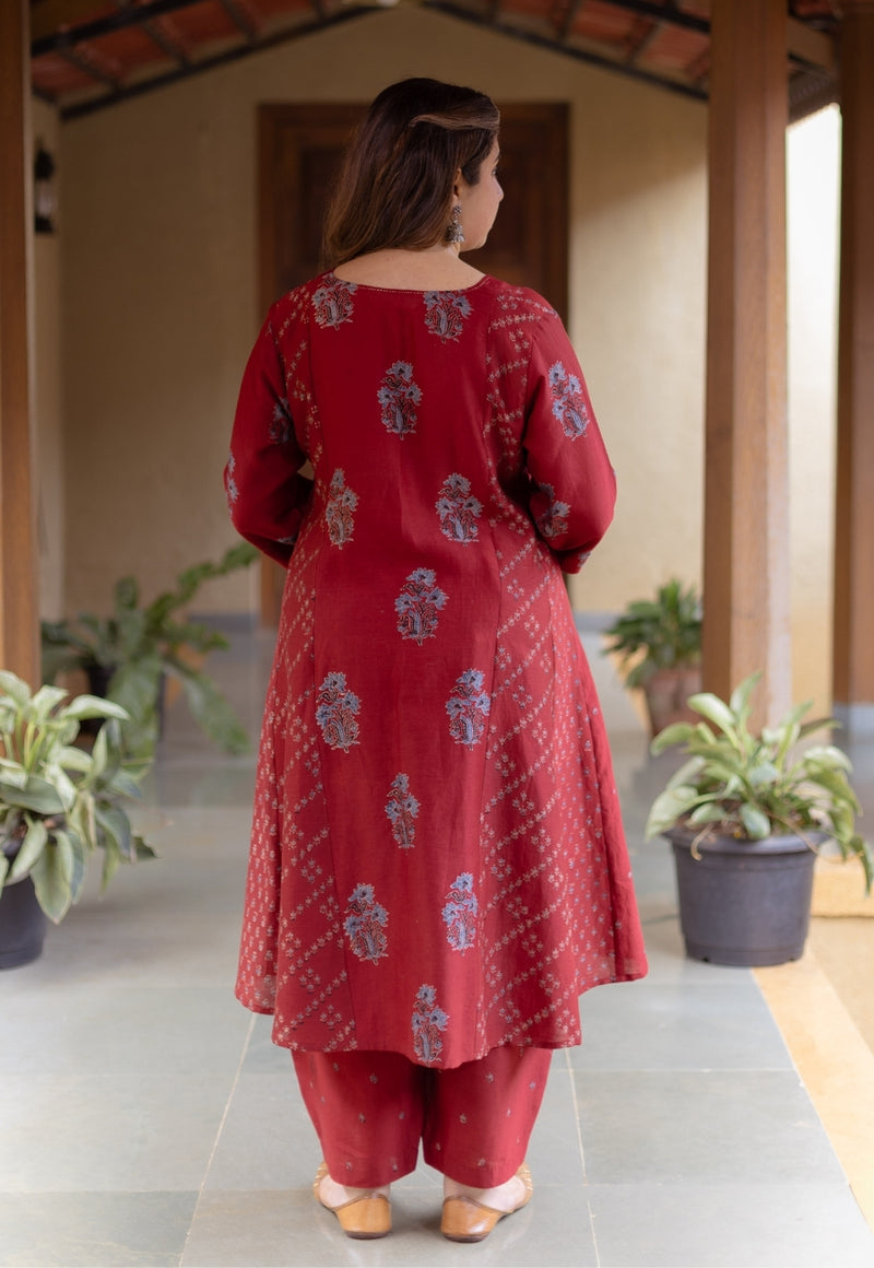 Sonia Madder Ajrakh Chanderi Silk Kali Kurta with Hand Embroidery