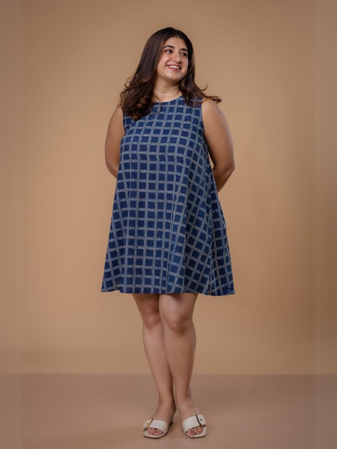 Inam Blue Ajrakh Cotton A Line Dress – THE INDIAN ETHNIC CO.