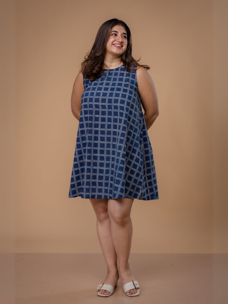 Inam Blue Ajrakh Cotton A Line Dress