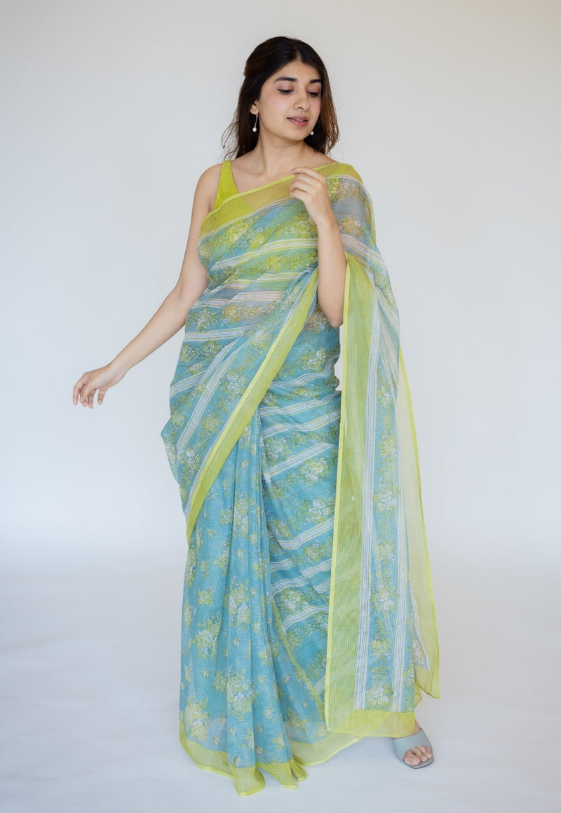 Blue Sanganeri Hand Block Print Cotton Kota Doria Saree