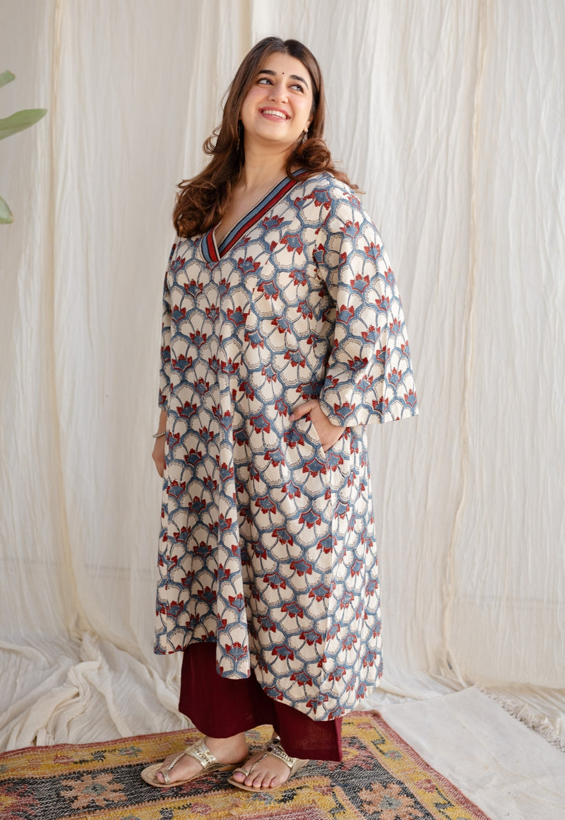 Sarah Off White Ajrakh Cotton A Line Kurta