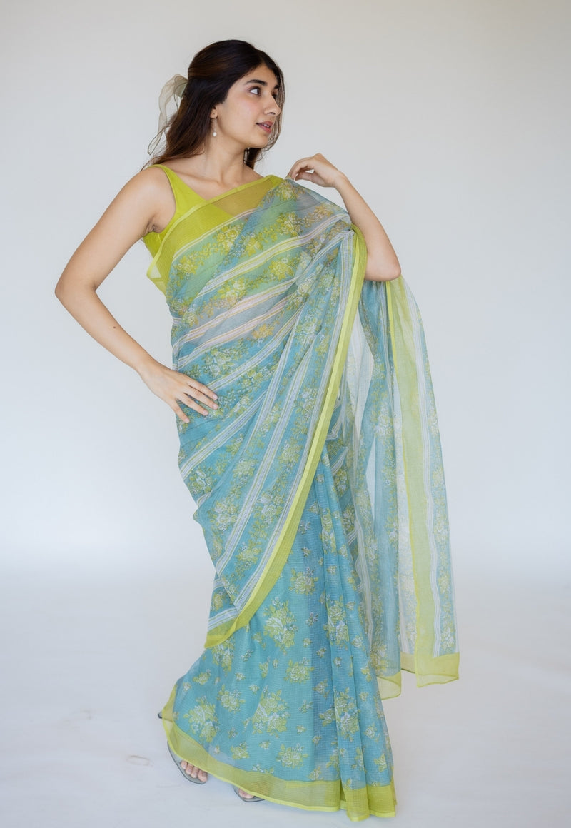 Blue Sanganeri Hand Block Print Cotton Kota Doria Saree