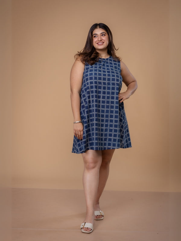 Inam Blue Ajrakh Cotton A Line Dress