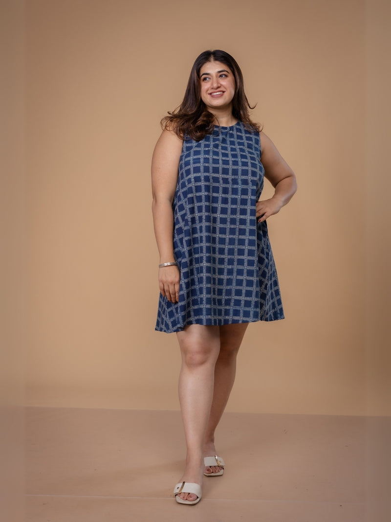 Inam Blue Ajrakh Cotton A Line Dress