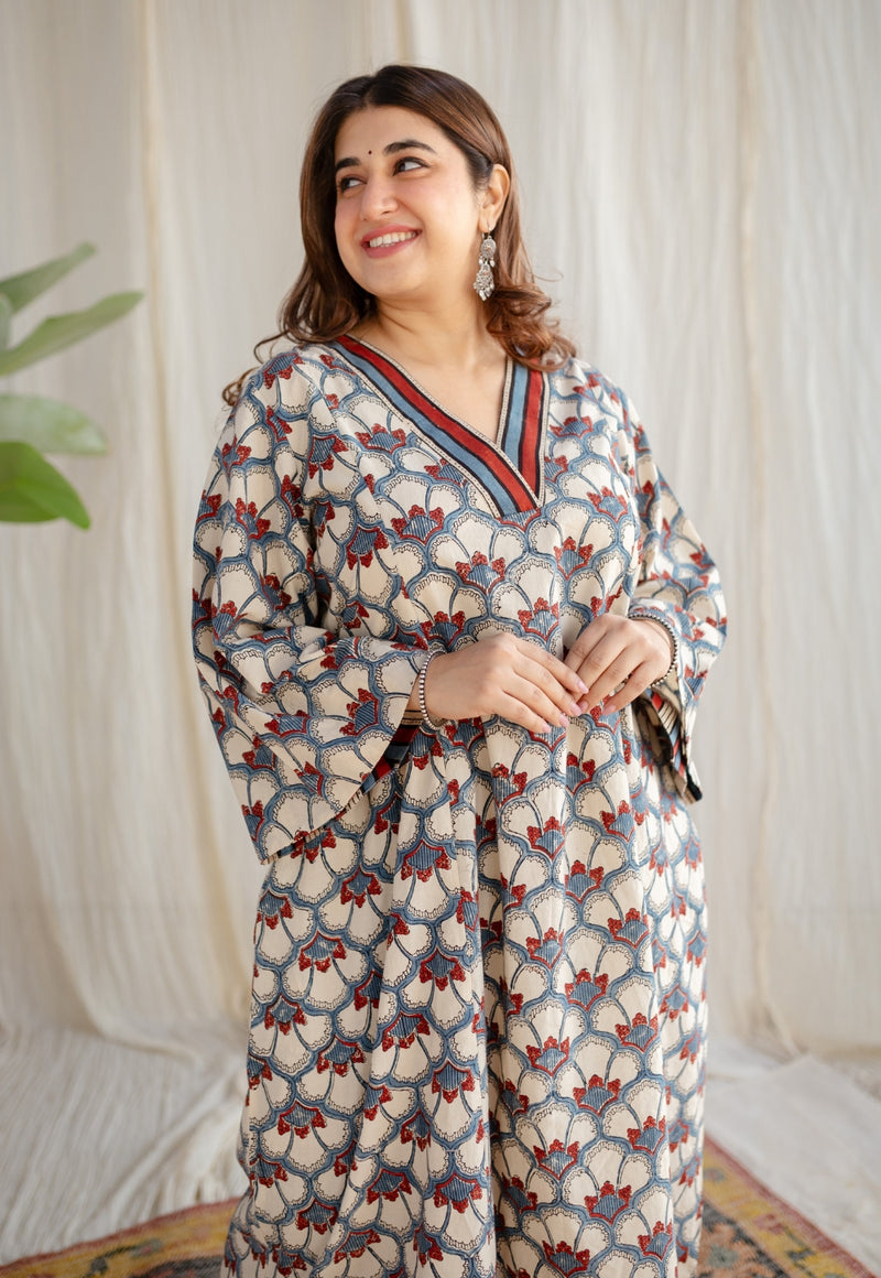 Sarah Off White Ajrakh Cotton A Line Kurta