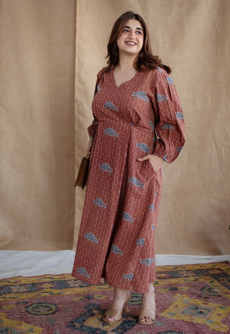 Rahima Brick Red Ajrakh Cotton A Line Dress